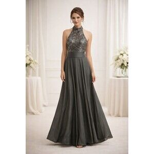 Vtg Dress by Kelle' Maxi Prom Formal Size M Gray Sequins Wedding Shorts Lining